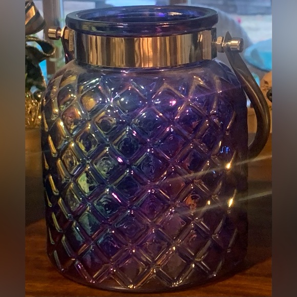 Blue Opalescent Patterned Glass Lantern/Vase W Silver Metal Band & Handle 6.5” - Picture 2 of 13